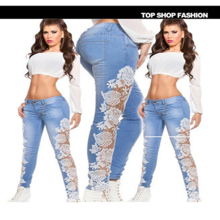 AliExpress Amazon Hot Cross-border New European and American Sexy Lace Hollow Lace Jeans Women's Stretch Trousers