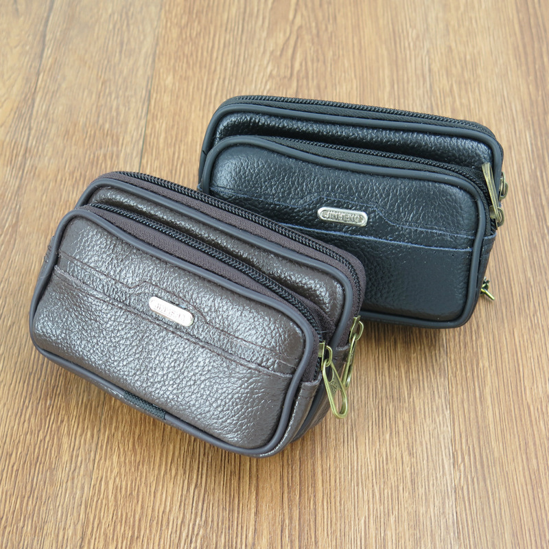Spot wholesale men's zipper waist bag horizontal version cowhide high and low mobile phone waist bag solid color with standard elderly mobile phone bag