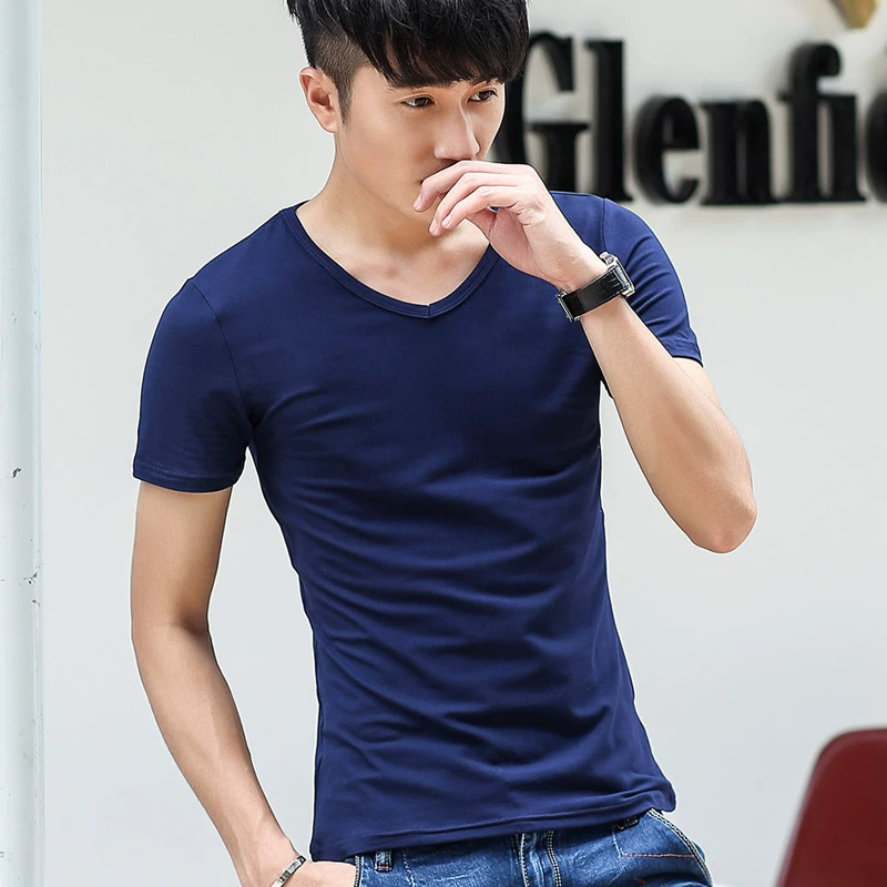 Новая Летняя мужская чисто белая мужская футболка с V-образным вырезом и короткими рукавами, Мужская однотонная Модная Повседневная Базовая рубашка с половинным рукавом, модная