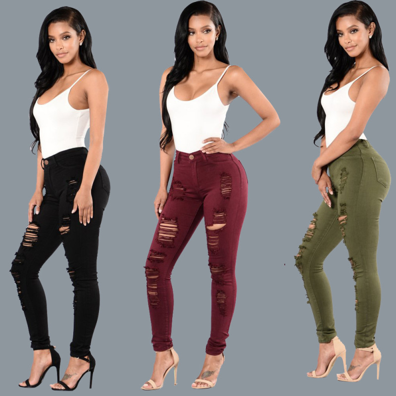 European and American Knee Ripped Jeans Women's Slim Multi-Color Small Leg Pants European Station Pants Women's Trousers Large Size Manufacturer Wholesale