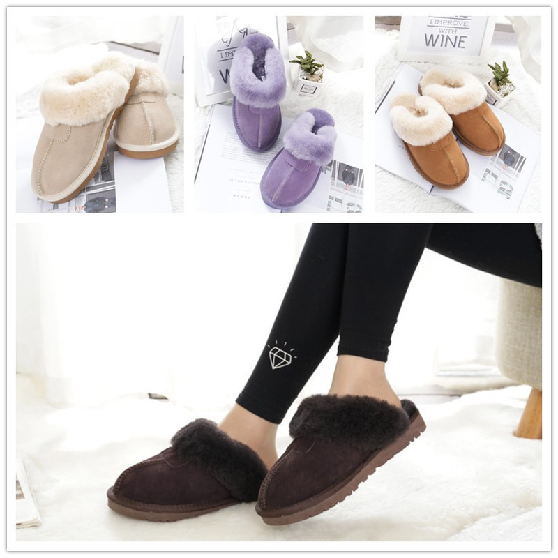 Cross-Border Home Wool Slippers, Genuine Leather with Added Fleece, Warm Cotton Shoes, Closed-Toe Slippers, Women's Fur-Integrated Slippers, Large Size