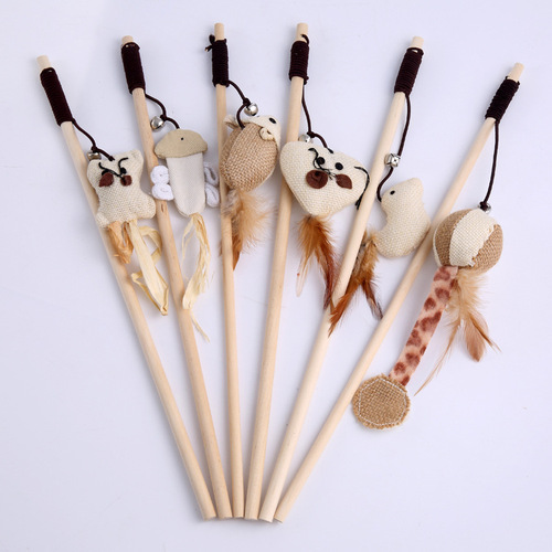 Manufacturer of pet cat toys, cat funny stick, cat loves mouse type rubber band with bell wooden stick, cat funny stick