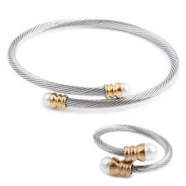 厂家批发 304不锈钢简约镶珍珠可调节手镯电缆线双色时尚钛钢手镯