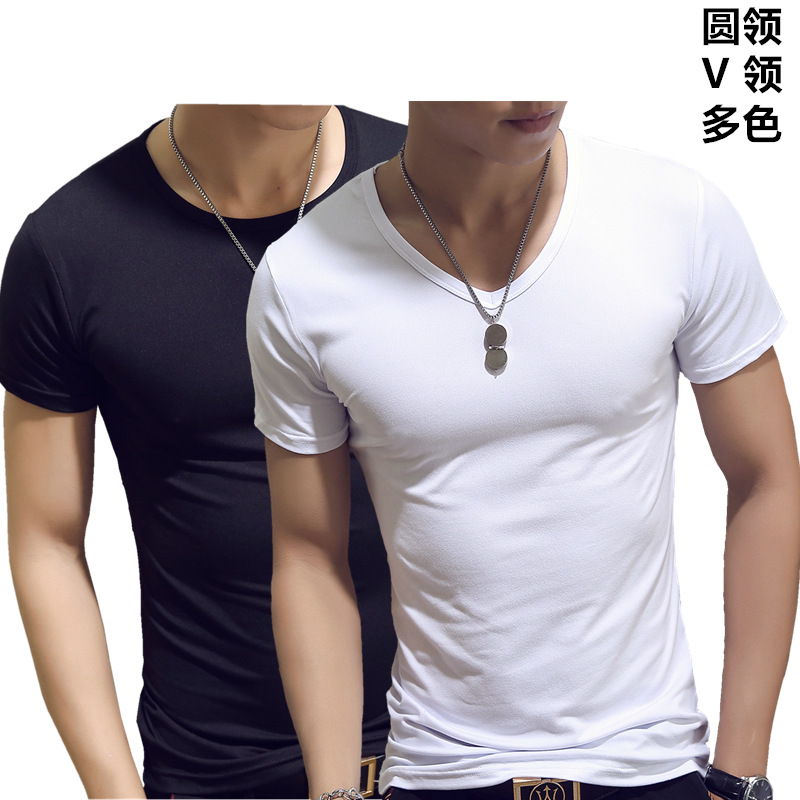 男士短袖t恤韩版圆领修身纯色打底衫青年T恤男装批发一件代发ebay