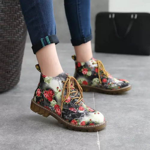 Fashionable retro lace-up floral Martin boots for women British style flat spring and autumn women's boots short boots cross-border supply