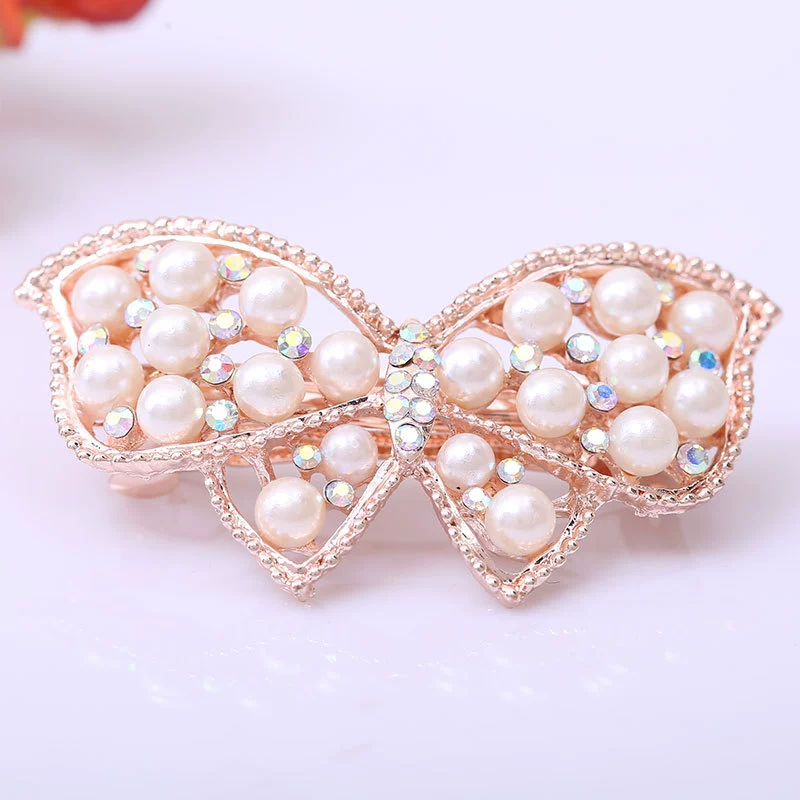 Pearl Bow Hair Clip, Decorative Rhinestone Hairgrip, Ponytail Clip, 6.7×3.6 cm, 25 g