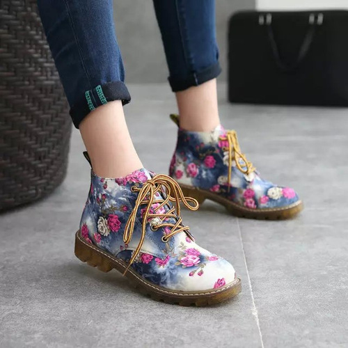Fashionable retro lace-up floral Martin boots for women British style flat spring and autumn women's boots short boots cross-border supply