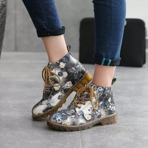 Fashionable retro lace-up floral Martin boots for women British style flat spring and autumn women's boots short boots cross-border supply