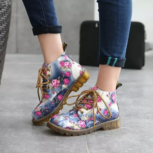 Fashionable retro lace-up floral Martin boots for women British style flat spring and autumn women's boots short boots cross-border supply