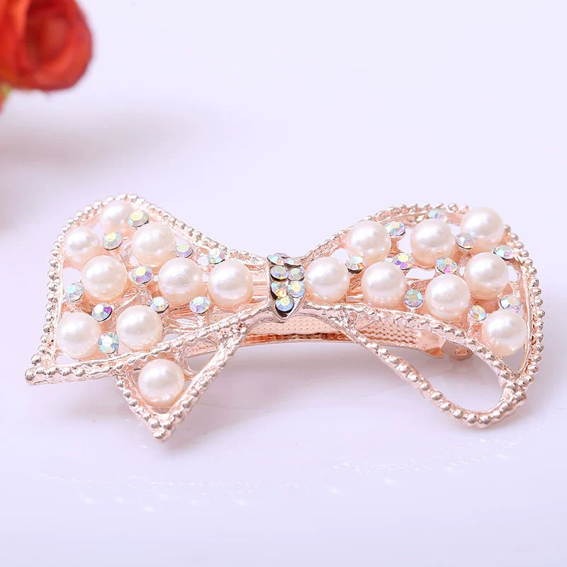 Pearl Bow Hair Clip, Decorative Rhinestone Hairgrip, Ponytail Clip, 6.7×3.6 cm, 25 g