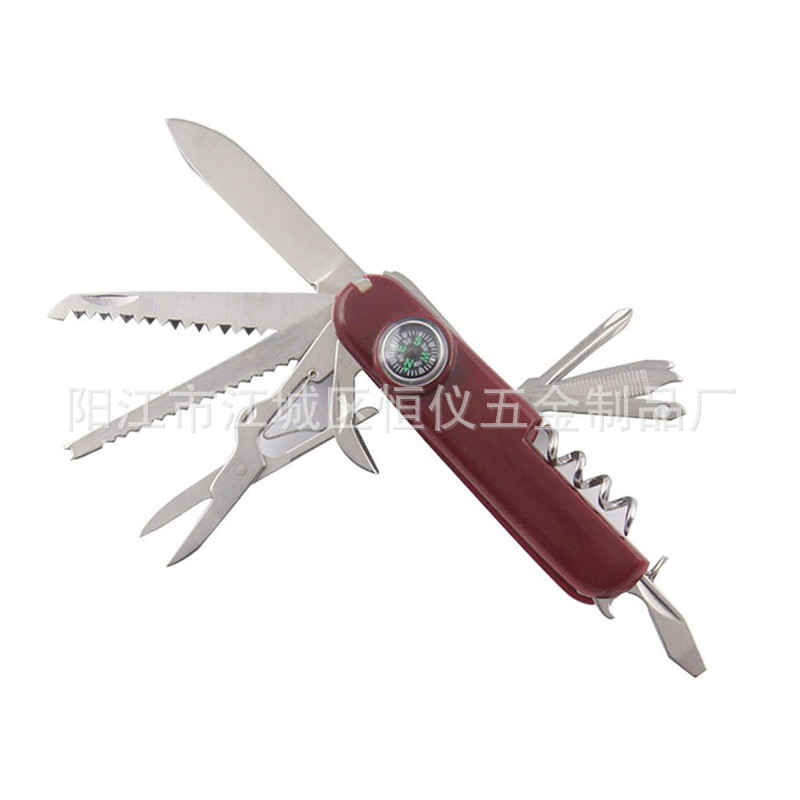 厂家批发11功能带指南针军刀 塑料柄多功能小刀 特色户外小刀