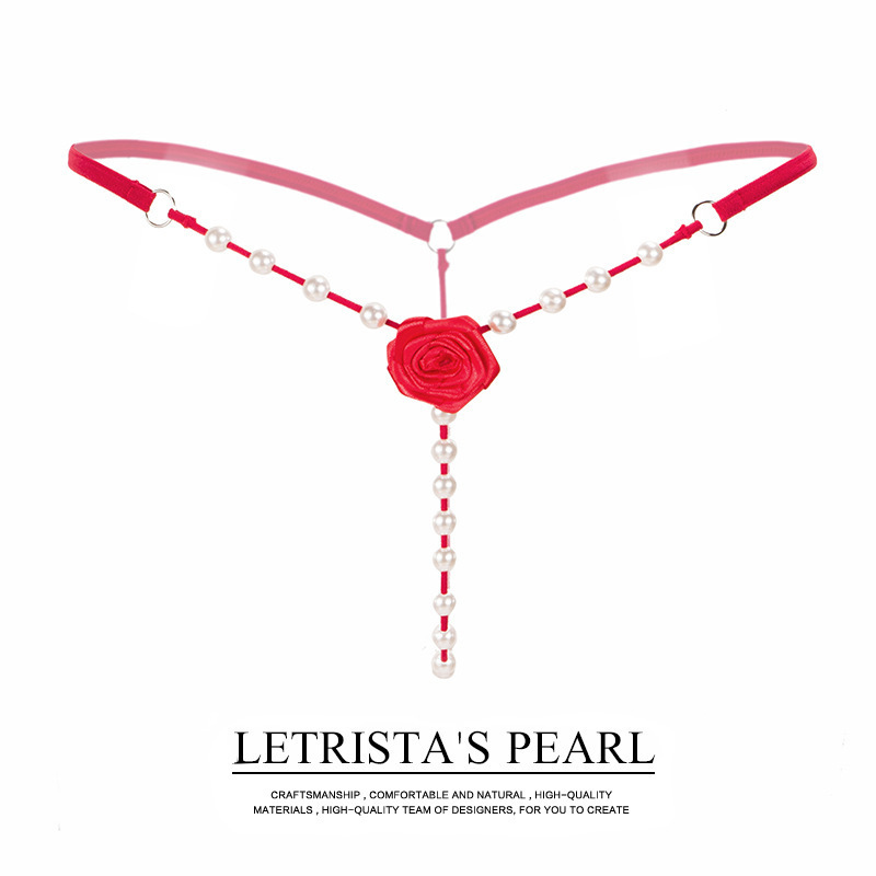 Sexy Lingerie Rose Flower Women's Pearl Massage Thong Low-Waist Transparent Temptation Couple's T-Pants 2143