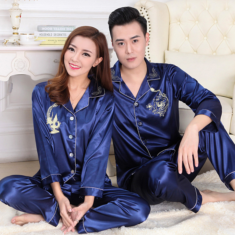 新款春夏秋季男女士情侣仿真丝睡衣丝绸结婚长袖长裤家居服套装