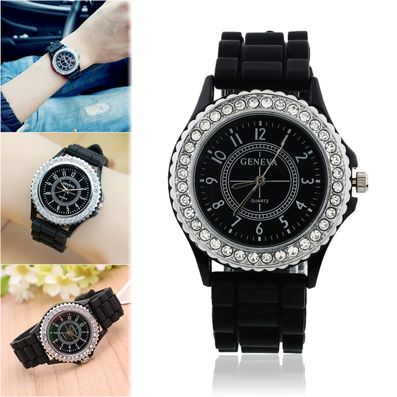 Silicone quartz watch, silicone strap, crystal bezel, multiple colors
