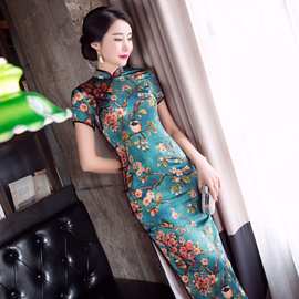 春季新款 高档重磅真丝长款旗袍礼服 日常改良旗袍连衣裙厂家批发