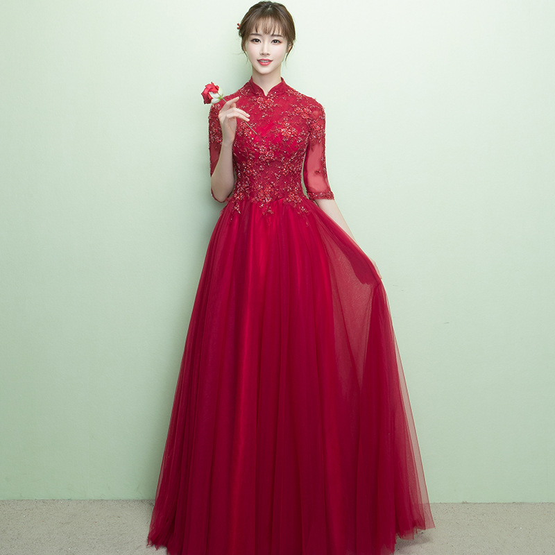 Wholesale Burgundy Maternity Bride Toast Dress Long Style Wedding Banquet 2026 New Vintage Stand Collar Evening Gown Wholesale Burgundy Maternity Bride Toast Dress Long Style Wedding Banquet 2026 New Vintage Stand Collar Evening Gown