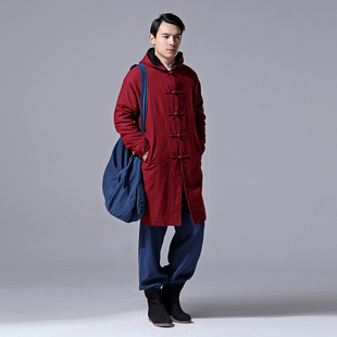Mafan Clothes Retro Buttoned Ethnic Style Jacket Long Cotton and Linen Men's Velvet Hooded Windbreaker