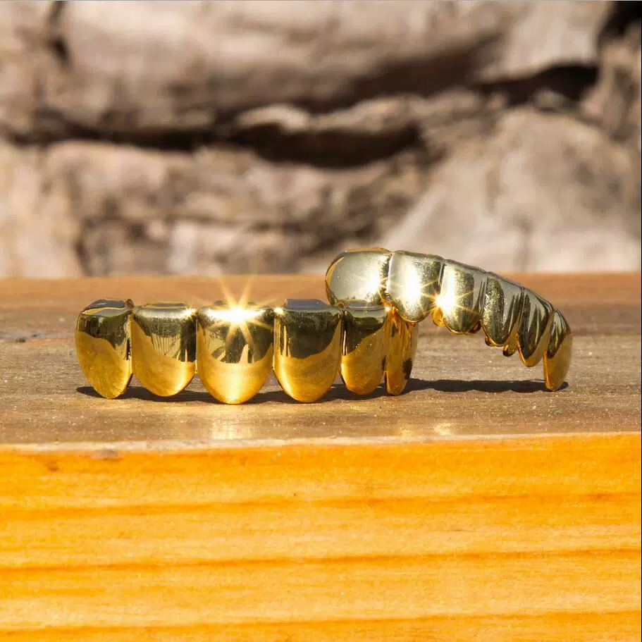 Золото зубных украшений Grillz, настоящее золото на медной основе, комплекты верх-низ, украшения в стиле хип-хоп