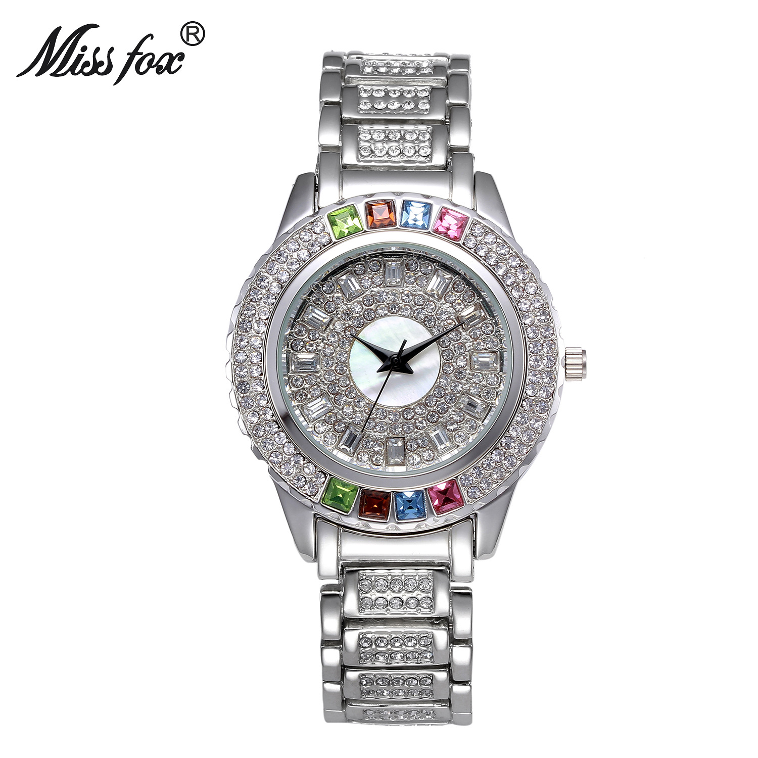 MISSFOX watches Amazon AliExpress colored diamond Waterproof high-end casual steel band ladies watch factory direct sales