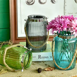 时尚透明彩色竖纹玻璃花瓶花器条纹插花玻璃瓶创意麻绳提手干花瓶