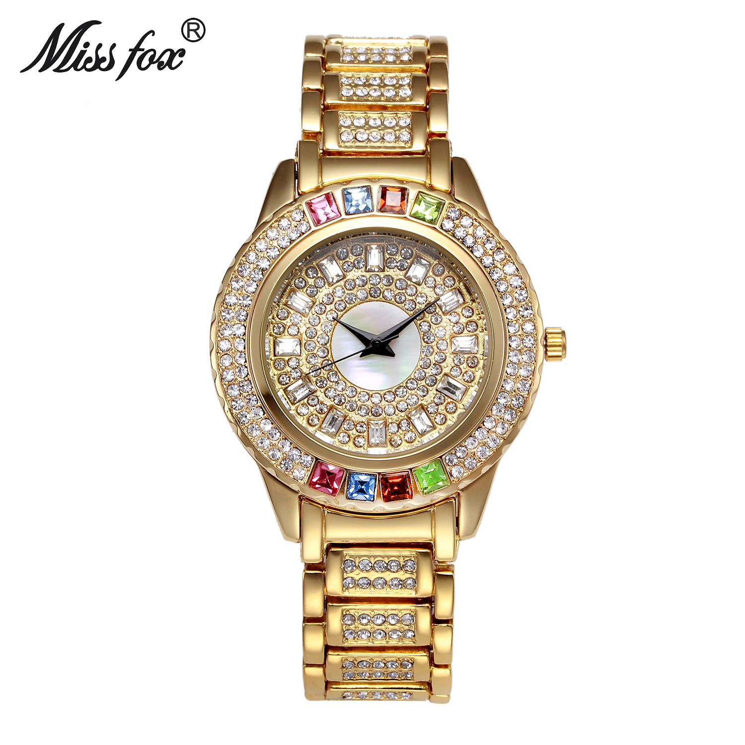 MISSFOX watches Amazon AliExpress colored diamond Waterproof high-end casual steel band ladies watch factory direct sales