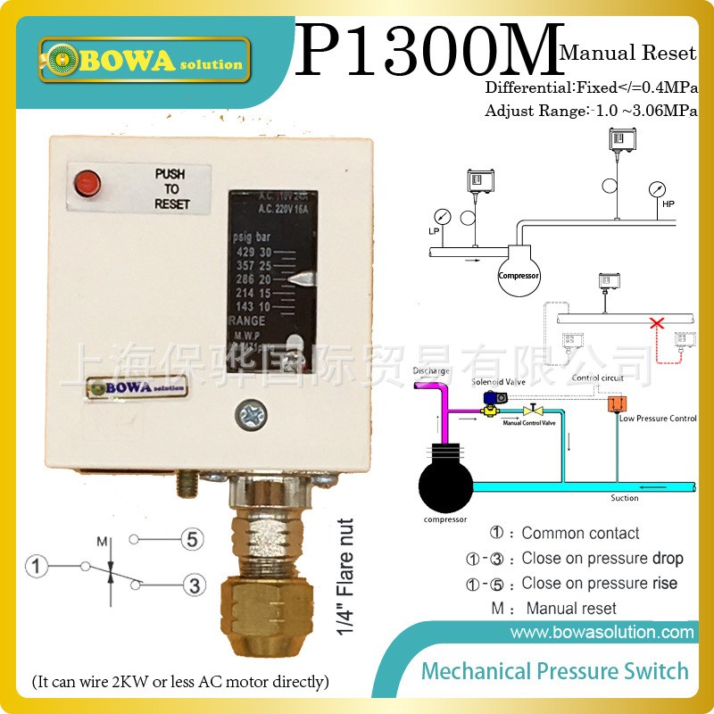 1~3MPa手动复位单高压用于各类制冷压缩机压缩比控制，防止过载