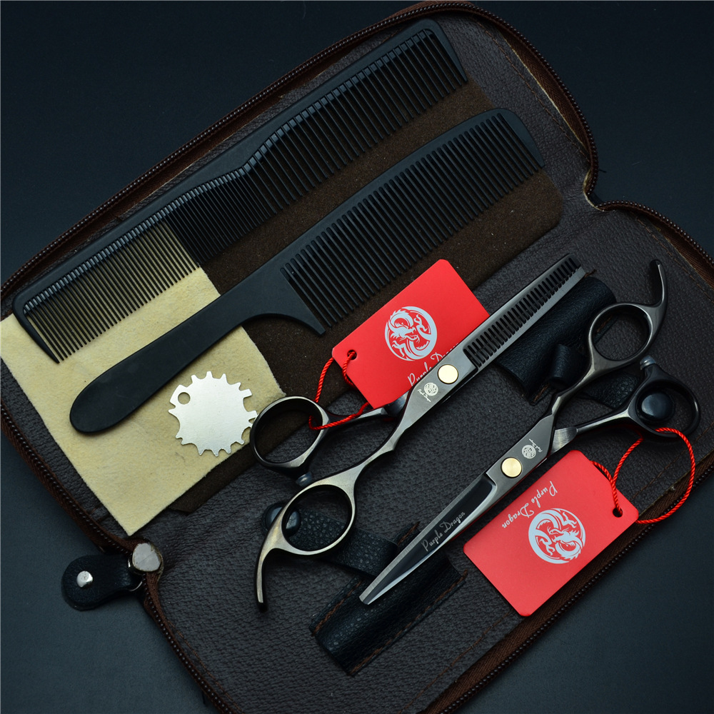 Púrpura dragón 5,5 6,0 pulgadas tijeras de pelo negro Tijeras Peluquero tijeras planas tijeras dientes Liu Hai tijeras adelgazamiento combinación traje
