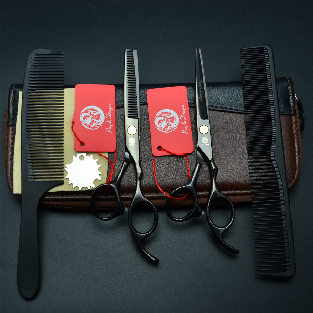 Púrpura dragón 5,5 6,0 pulgadas tijeras de pelo negro Tijeras Peluquero tijeras planas tijeras dientes Liu Hai tijeras adelgazamiento combinación traje