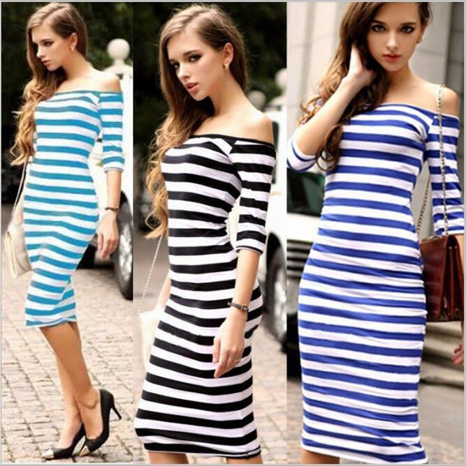 Women's European and American Autumn Cross-border Hot Off-shoulder Sexy Slim-fit Striped Hip Dress