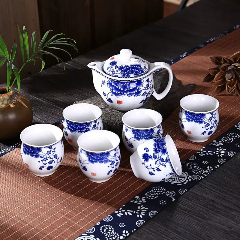 陶瓷礼品茶具套装茶壶可logo7头双层杯青花瓷功夫白瓷茶水分离
