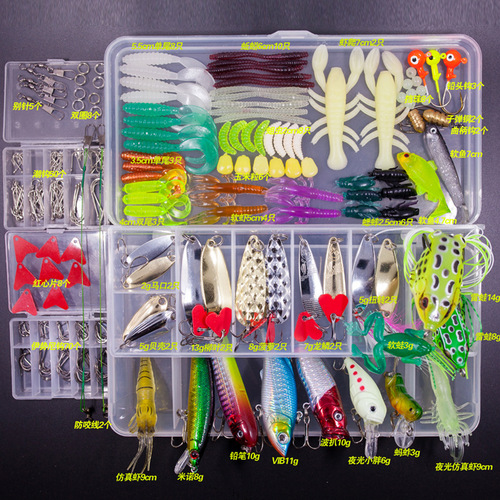Lure set, complete lure package with spinners, soft baits, treble hooks, topwater frogs, minnow lures, and lure combo