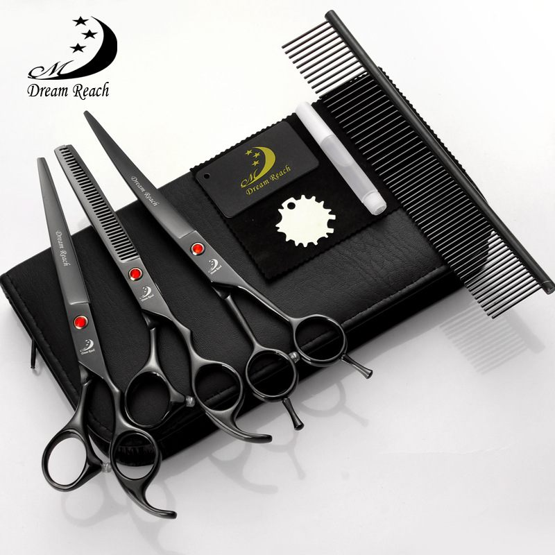 厂家直销7.0寸黑色电镀3把装宠物美容剪刀套装 不锈钢宠物剪套装