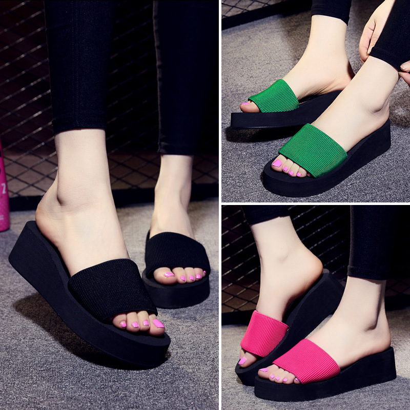 2024 New Summer Women's Platform Thick-Soled Flip-Flops Solid Color High-Heeled Beach Shoes Outer Wear Home Slippers