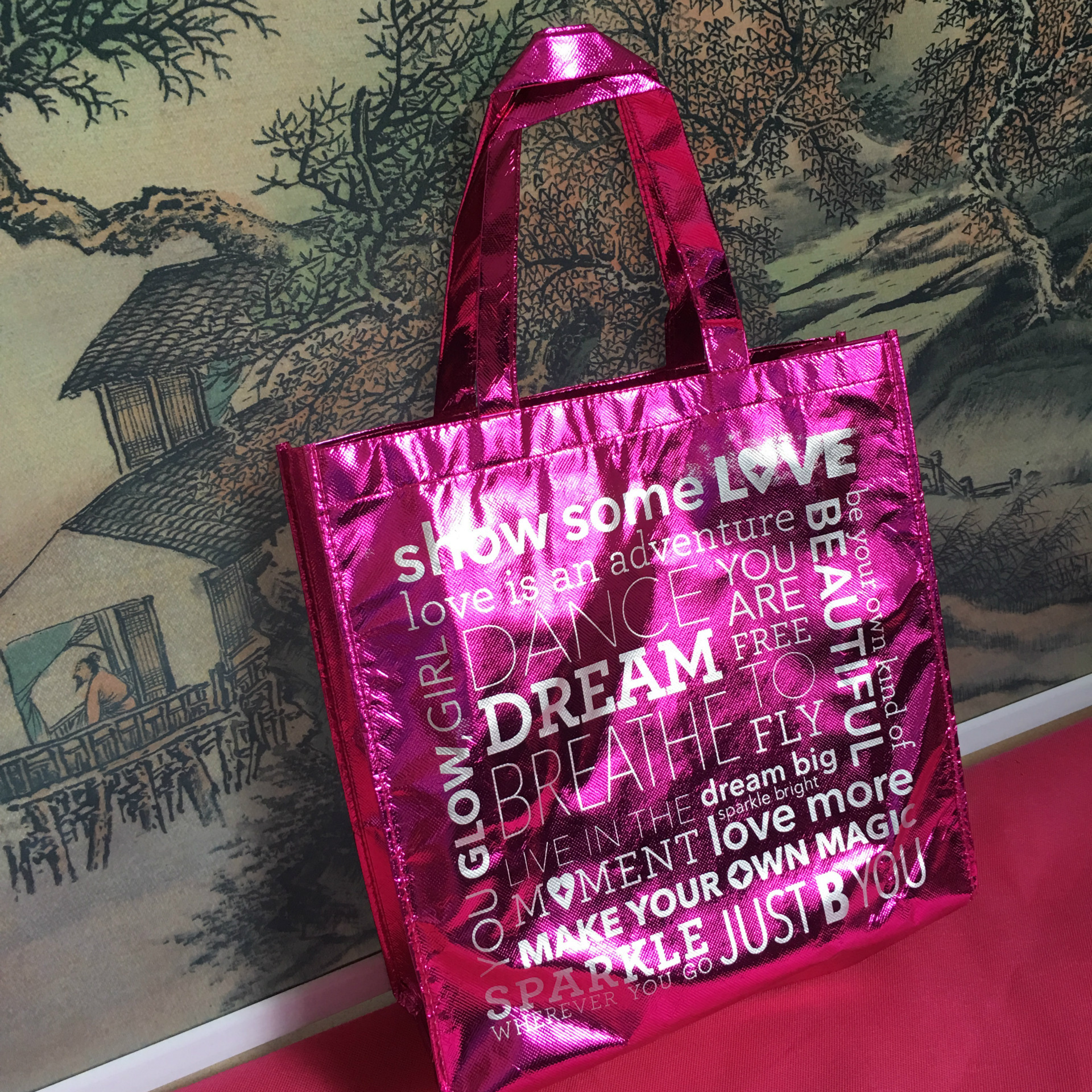 深圳盐田区淋膜手提印花覆膜袋RPET复膜防水编织袋腹膜防尘袋制定