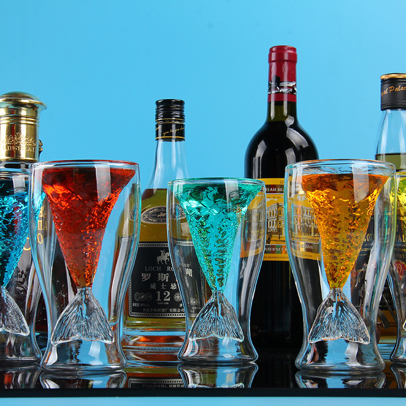 Glass Juice Drink Ice Cream Cup Bar Nightclub Cocktail Cup Mermaid Double-Layer Cup High Borosilicate High-Footed Cup
