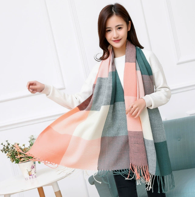 Extra‑Long Faux Fur Scarf with Tassels, Elegant Plaid Shawl, 200 × 62 cm