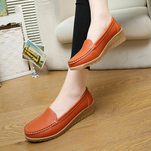 New Spring and Autumn Cow Leather Wedge Nurse Shoes Casual Mom Shoes Leather Shoes Flat Single Shoes Women's Medium Heel Women's Shoes