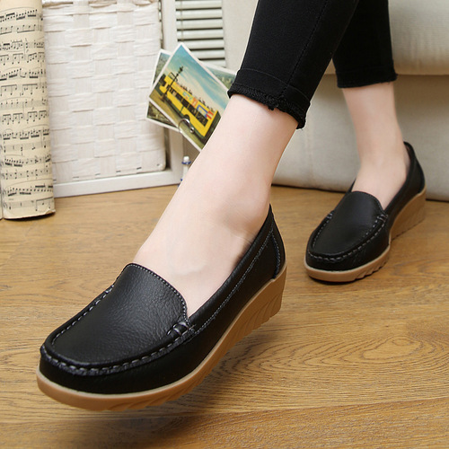 New Spring and Autumn Cow Leather Wedge Nurse Shoes Casual Mom Shoes Leather Shoes Flat Single Shoes Women's Medium Heel Women's Shoes