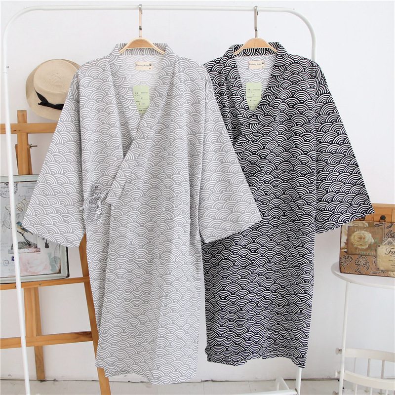 Men's Cotton Breathable Gauze Single-Piece Bathrobe, Light Gray Bathrobe, Loose Thin Style Summer Home Workwear Pajamas