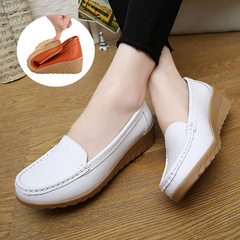 New Spring and Autumn Cow Leather Wedge Nurse Shoes Casual Mom Shoes Leather Shoes Flat Single Shoes Women's Medium Heel Women's Shoes