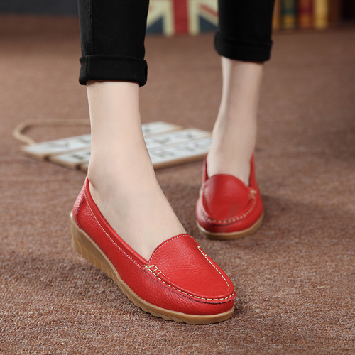 New Spring and Autumn Cow Leather Wedge Nurse Shoes Casual Mom Shoes Leather Shoes Flat Single Shoes Women's Medium Heel Women's Shoes