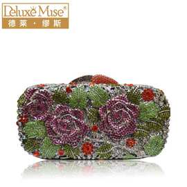 厂家直销水钻手拿包晚装包新娘包新款玫瑰花镶钻晚宴包W13008