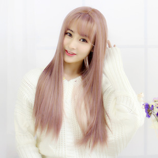 Wig women's long straight hair air bangs South Korea mid-length face trimming round face hairstyle natural realistic whole wig head cover
