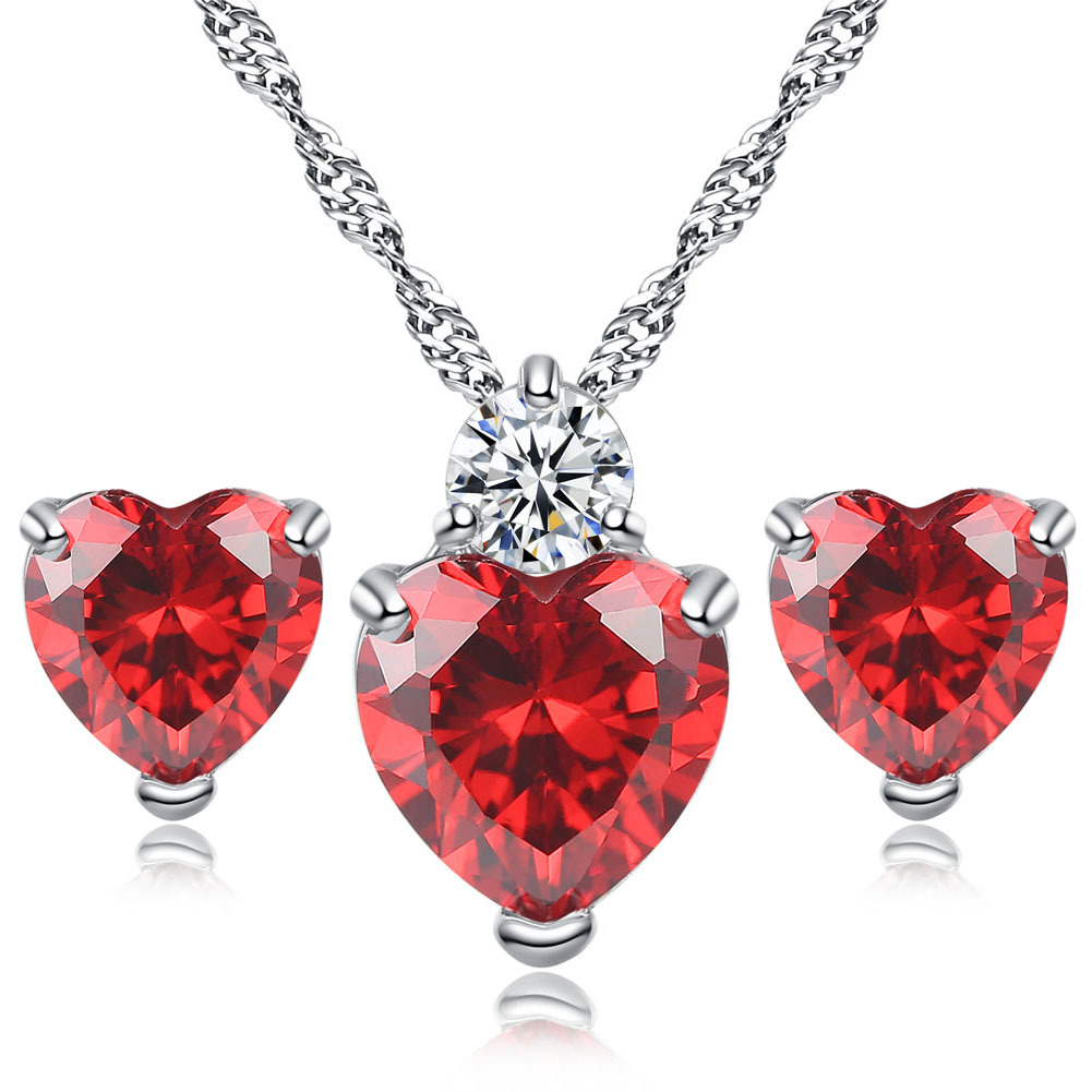 Amazon transfronteriza Nueva Granada rojo precioso Zircon Stud pendientes collar de las mujeres de moda simple colgante en forma de corazón pendientes