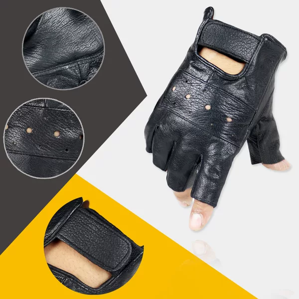 Genuine Leather Half-Finger Gloves for Men, Outdoor Sheepskin Sports Motorcycle Fingerless Half-Finger Tactical Motorcycle Riding Gloves