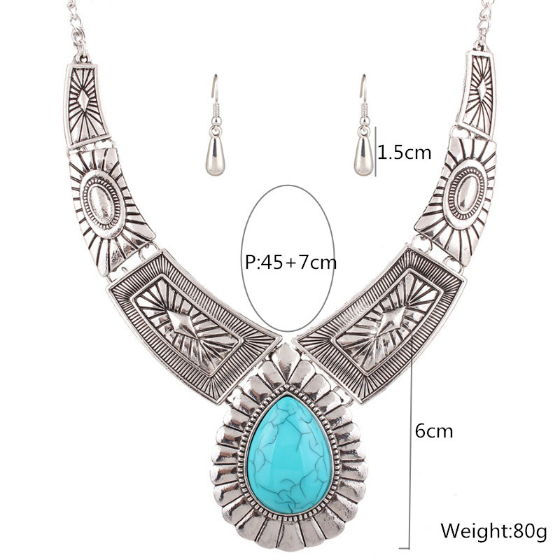 European and American Fashion Retro Pattern Water Drop Gem Inlaid Necklace Earrings Set Water Drop Resin Set Chain Clavicle Chain