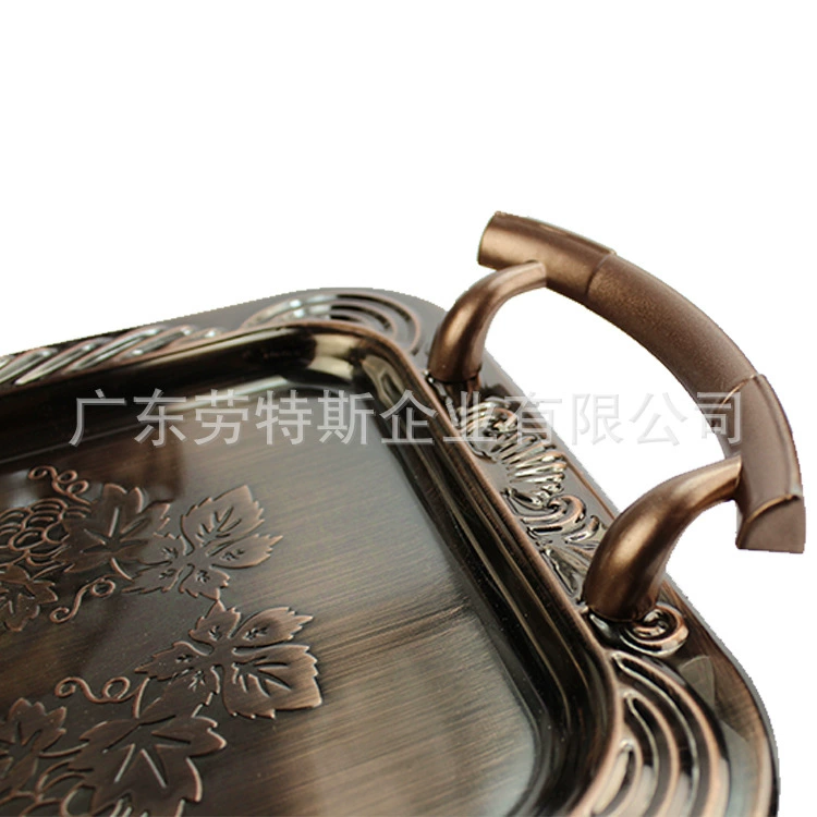 劳特斯 Ethnic stainless steel craft square plate retro gold-plated tribute plate European hotel dessert double ear tray