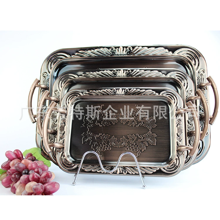 劳特斯 Ethnic stainless steel craft square plate retro gold-plated tribute plate European hotel dessert double ear tray