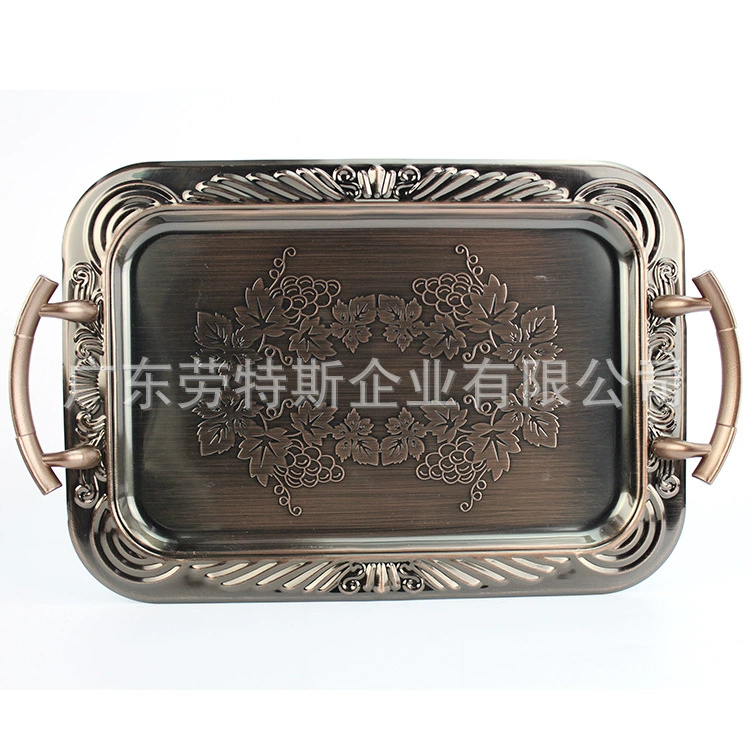 劳特斯 Ethnic stainless steel craft square plate retro gold-plated tribute plate European hotel dessert double ear tray