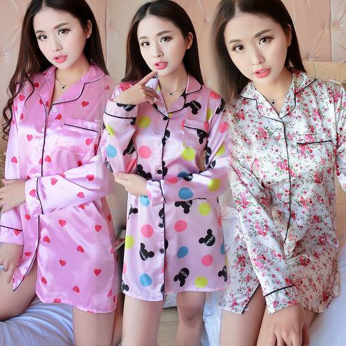 Spring and Autumn Long Sleeve Simulated Silk Pajama Shirt Sleepwear Ice Silk Cardigan Home Wear Women's Style Silk New Medium Length